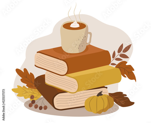 vector illustration in a flat style on the theme of autumn reading, books, cozy autumn. stack of books, pumpkin latte and autumn leaves