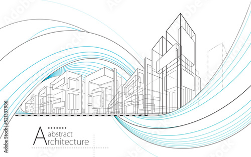 3D illustration Imagination architecture building construction perspective design,modern urban building line drawing abstract background. 