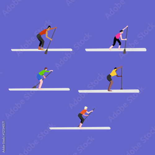 Supsurfing. Women stand on a board with a paddle in various positions. Vector flat illustration. Isolated image.