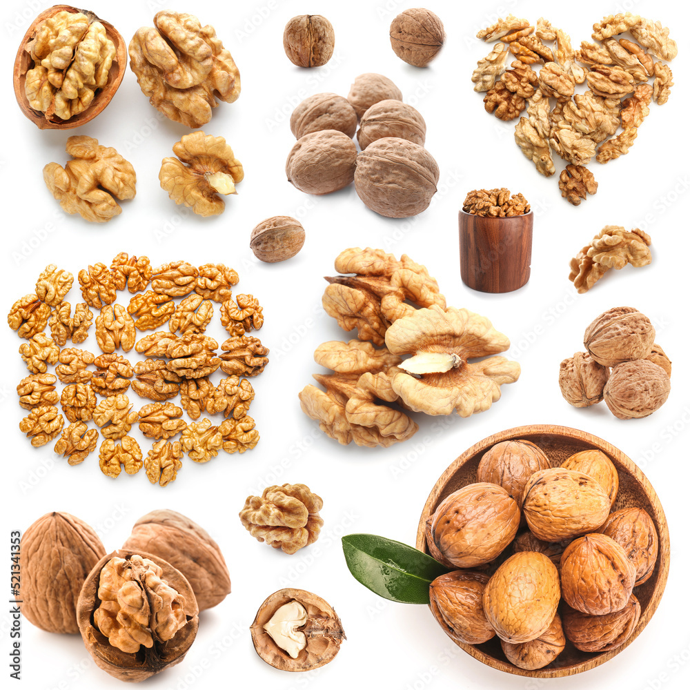 Set of many tasty walnuts isolated on white Set of many tasty walnuts isolated on white