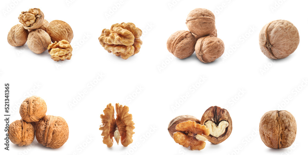 Set of many tasty walnuts isolated on white Set of many tasty walnuts isolated on white