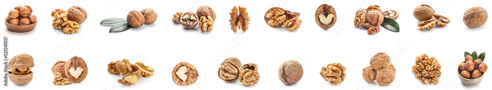 Set of many tasty walnuts isolated on white Set of many tasty walnuts isolated on white