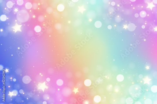 Unicorn rainbow glitter background with sparkles in pastel colors. Iridescent watercolor design. Gradient hologram with stars and bokeh. Vector illustration.