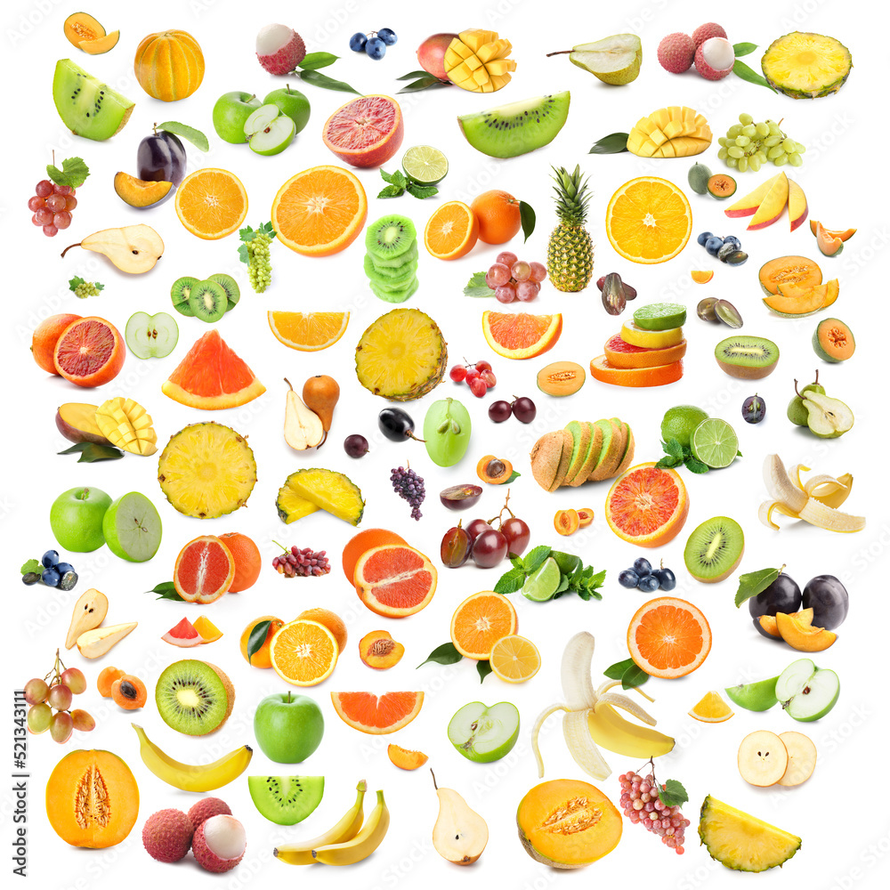 Many different ripe fruits isolated on white
