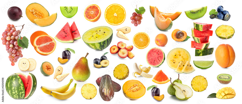 Many different ripe fruits isolated on white