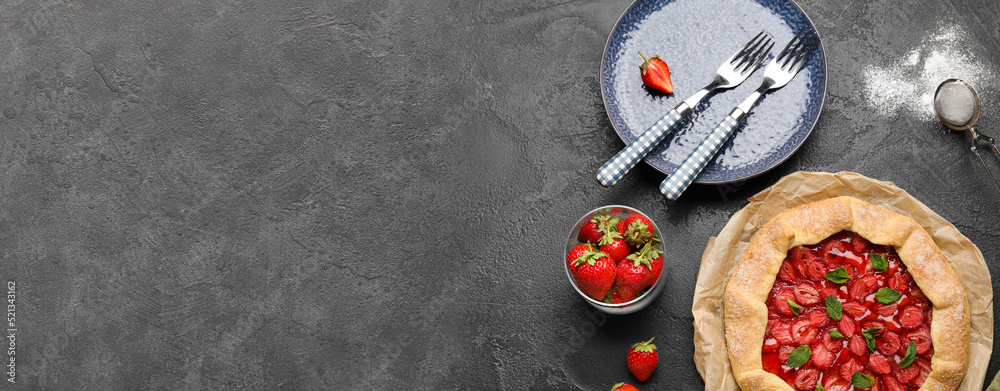 Composition with delicious strawberry galette on grey background with space for text