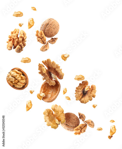 Flying walnuts isolated on white photo