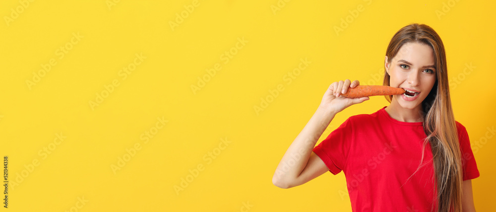 Woman eating healthy carrot on yellow background with space for text. Diet concept Woman eating healthy carrot on yellow background with space for text. Diet concept