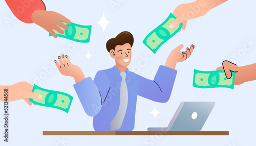 Multiple income streams and passive income from an online business. A successful entrepreneur earns money from various sources. Vector concept for financial freedom, investment, and freelance success.