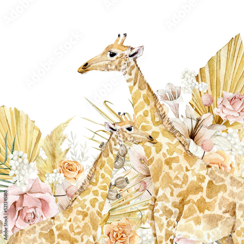 Canvas Print Beautiful animal weddign card with hand drawn watercolor cute giraffe in tropical boho dried floral and flower, leaves,  branches