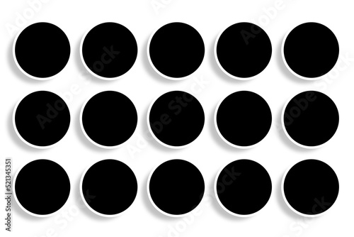 15 Circle photo frames template in black & white color with clean circular borders, 3 rows & 5 columns layout. Used as a photo collage to place album pictures or photographs collection in an old style