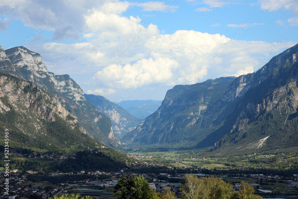 wide valley leading up to Trento and the data mountains in northern Italy