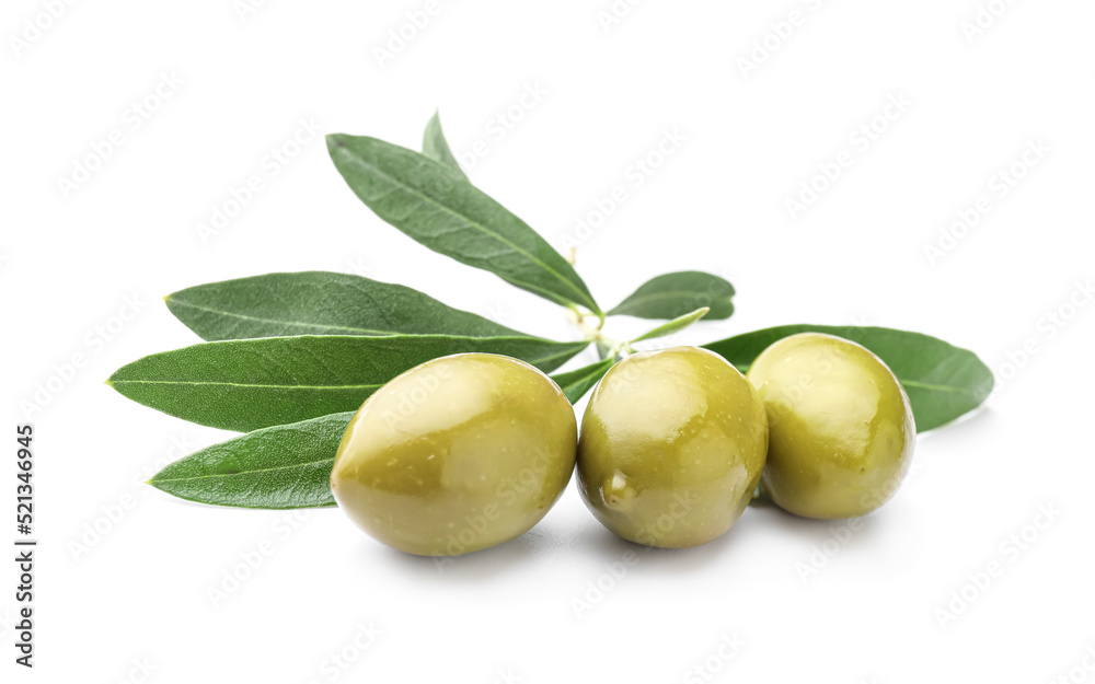 Tasty canned green olives isolated on white Tasty canned green olives isolated on white