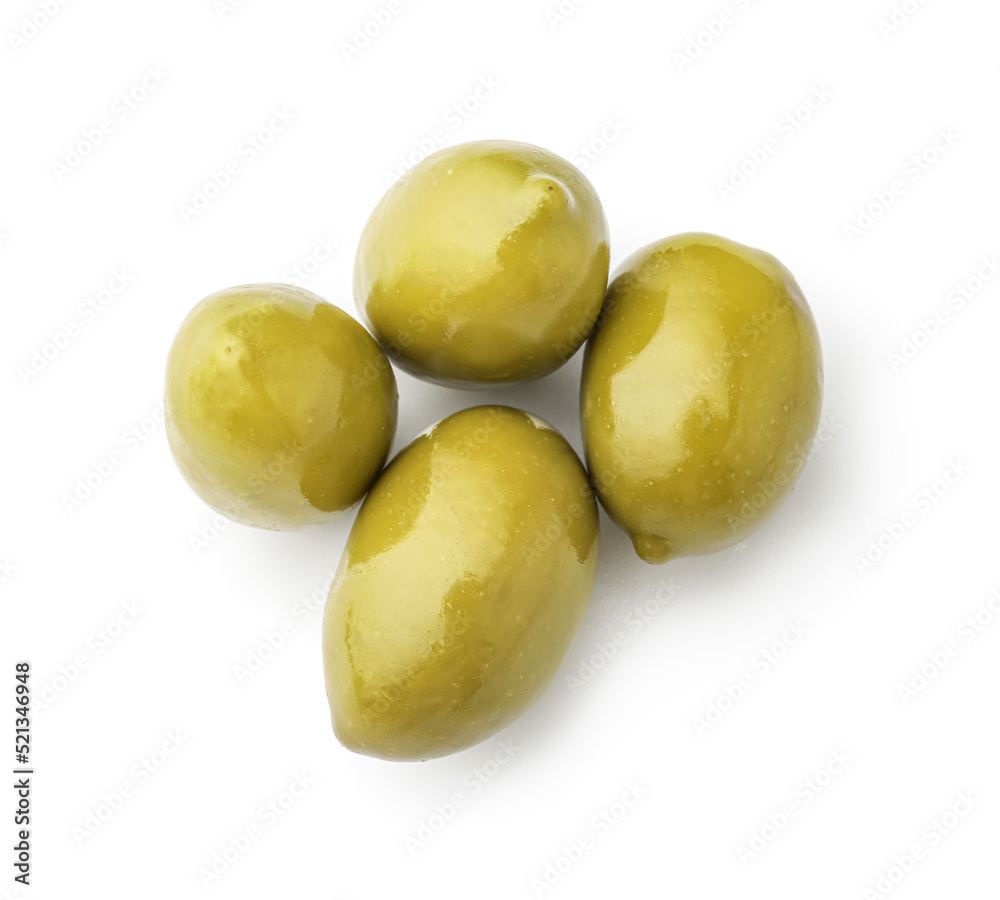 Tasty canned green olives isolated on white Tasty canned green olives isolated on white