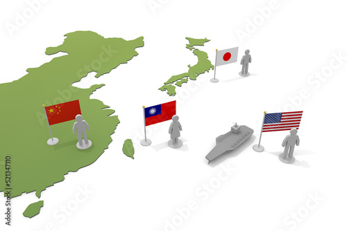 Taiwan, China, America and Japan. World map and relationships. flags and people.
