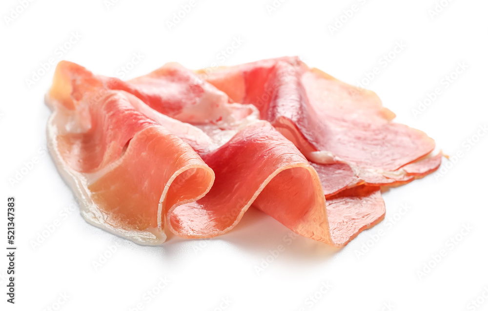 Slice of jamon on white background