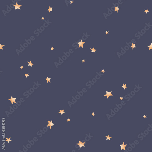 Seamless pattern with watercolor stars on indigo background.