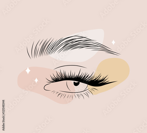 Vector logotype design for eyelashes extension studio. Hand drawn female eyes. Modern design for beauty salon. Linear icon isolated on beige background.