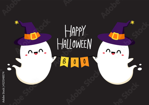 Happy Halloween banner. Halloween spooky cartoon vector. Flying ghost spirit holding bunting flag Boo. Happy Halloween. Scary white ghosts. Cute cartoon spooky character.