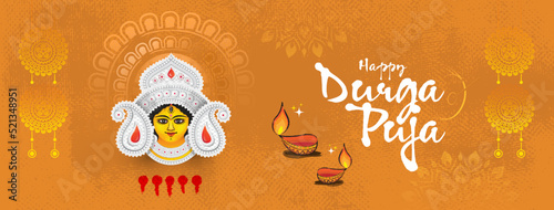 Happy Durga Puja Festival Celebration Banner Background Template Design with Goddess Durga Face Illustration