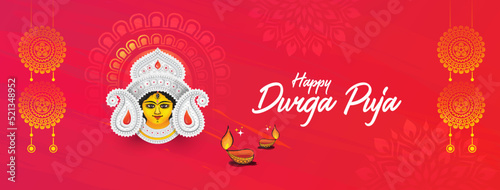 Happy Durga Puja Festival Celebration Banner Background Template Design with Goddess Durga Face Illustration