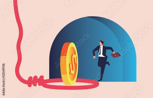 Businessman runs out of cave to grab big gold coins inside the trap, greedy businessman is caught in the trap