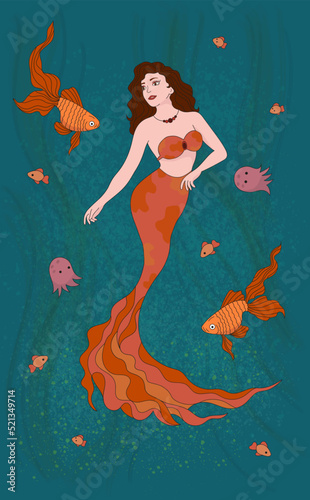 Illustration of a mermaid girl with brown hair and an orange tail. Around the sea with algae. And also sea inhabitants, jellyfish, fish.