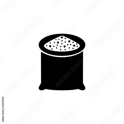 Open sack with pile grain. Vector black glyph icon isolated on white background.