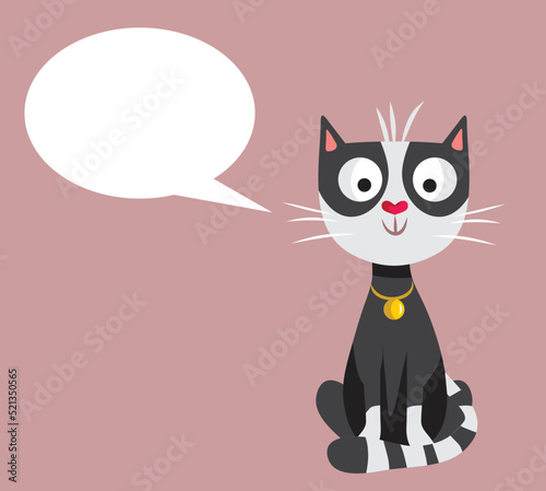 Cute Black and White Cat with Speech Bubble Vector Cartoon Illustration. Smart kitty with empty copy space dialogue box
