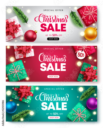Christmas sale vector banner set. Christmas sale text with special offer up to 50% off discount with xmas gift element for holiday season business promotion. Vector illustration.
