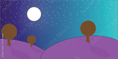 Beautiful night with trees, lice sky, stars and lovely moon.