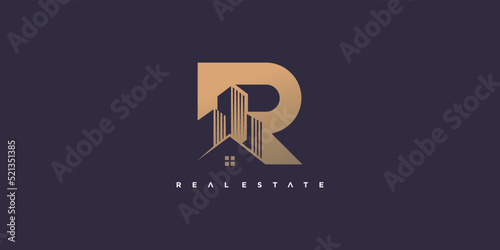 R letter logo design vector with building concept idea