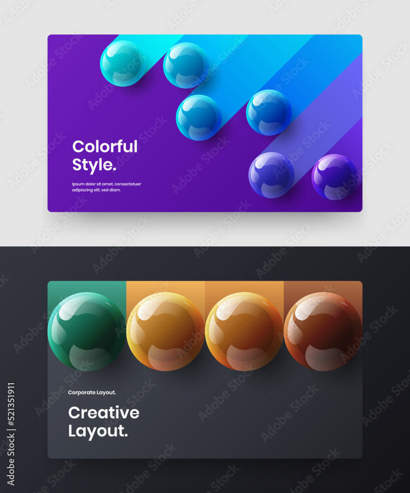 Trendy realistic spheres company cover illustration collection. Bright web banner design vector template bundle.