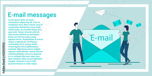 E-mail messages.People are sending messages against the background of a large envelope.An illustration in the style of a green landing page.