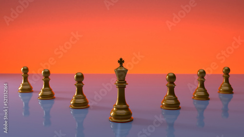 Several golden Chess Pawns lined up with the Chess King at the forefront  the concept of leadership in an organization