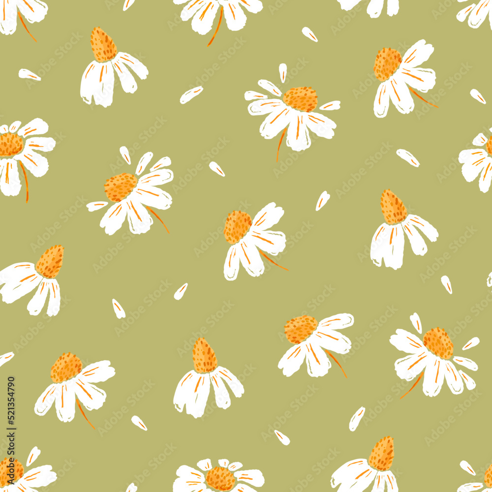 Obraz premium Daisies and petals seamless pattern. Chamomile flowers. Ideal for printing on fabric and paper. Vector background. 