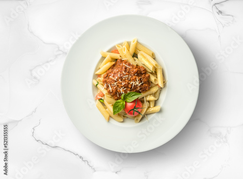 Pasta with meat, on a white background, food photography.