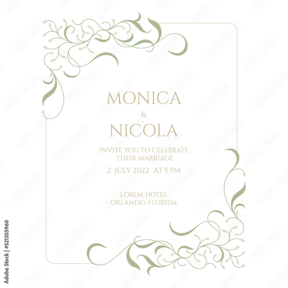 Green plant frame. Card Template. Elegant wedding invitation.