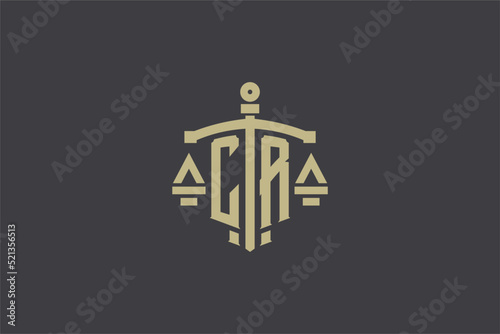 Letter CR logo for law office and attorney with creative scale and sword icon design