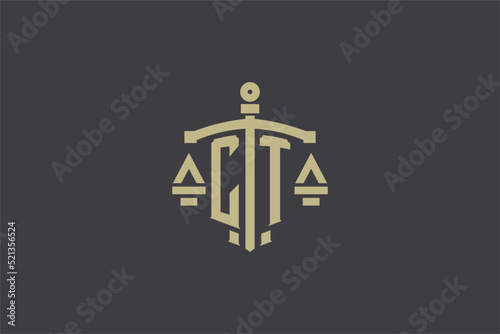 Letter CT logo for law office and attorney with creative scale and sword icon design