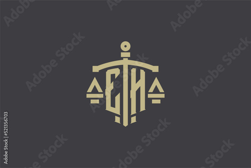Letter EH logo for law office and attorney with creative scale and sword icon design