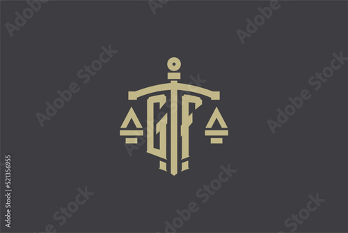 Letter GF logo for law office and attorney with creative scale and sword icon design