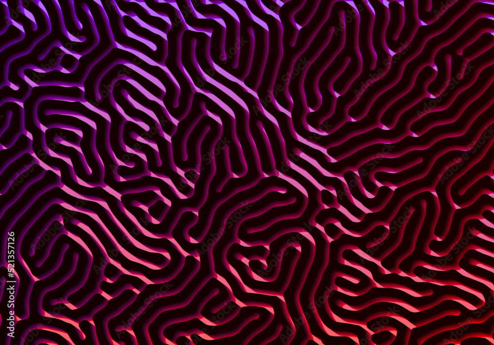 Abstract background with optical illusion generative pattern and vibrant dark neon colors.