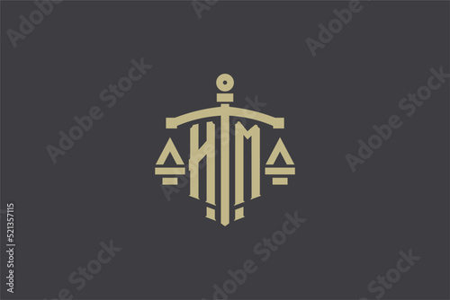 Letter HM logo for law office and attorney with creative scale and sword icon design