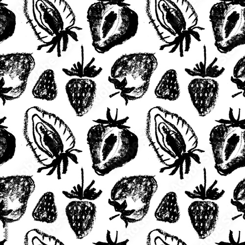 Organic strawberries seamless pattern, strawberry vector illustrations, hand-drawn berry for vegan banner, juice, jam label design. Ripe berries background for baby food packaging. Strawberry backdrop