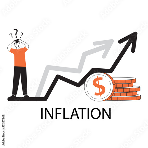 Economic inflation dollar value increase.Cost low and loss. Tiny people standing near piles of coins.Financial crisis.Character cartoon flat cartoon style.Isolated on white background.