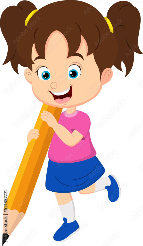 Cute little girl holding big pencil
