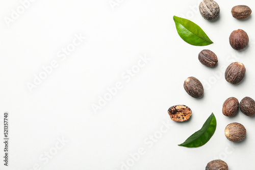 Concept of spices and condiments, nutmegs, space for text