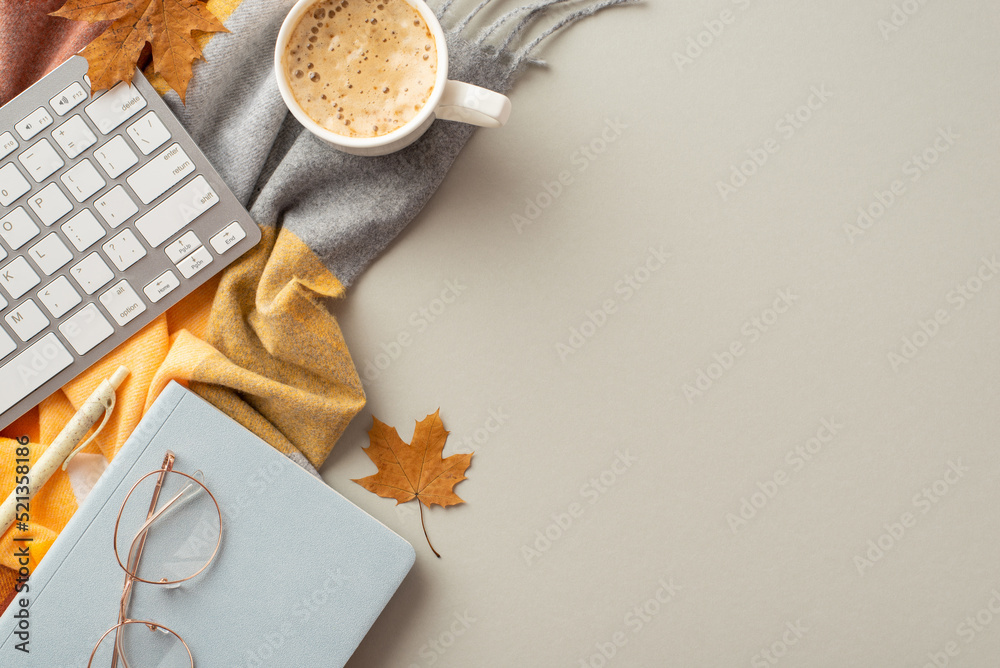 Autumn business concept. Top view photo of workplace keyboard reminder pen stylish glasses cup of frothy coffee fallen maple leaves and scarf on isolated grey background with copyspace - obrazy, fototapety, plakaty 