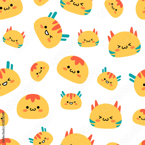 A simple pattern with cartoon kawaii monsters. Cute yellow characters. Children's print for fabric, packaging, wallpaper, interior. 